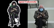 Viper wearing Bernie Sanders' outfit and imitating his sitting pose (Image via Sportskeeda)